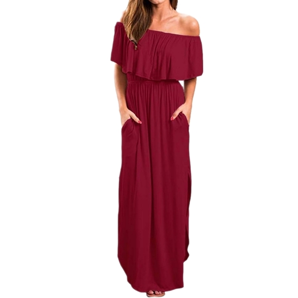 primoda Dresses & Skirts - NWOT PRIMODA Off Shoulder Ruffle Maxi Side Split Summer Dress size medium red